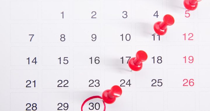 A white monthly calendar page shot from above, with red push pins stuck through four dates in a diagonal line and the 30th circled in red marker.