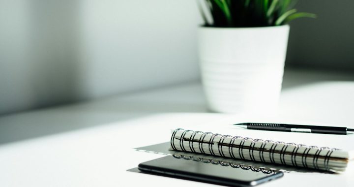 A spiral notebook, a black pencil and a phone lying face down on a white desk beside a potted plant in soft window light